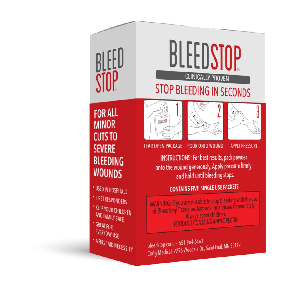BleedStop camping emergency kit with powder packets for outdoors safety.