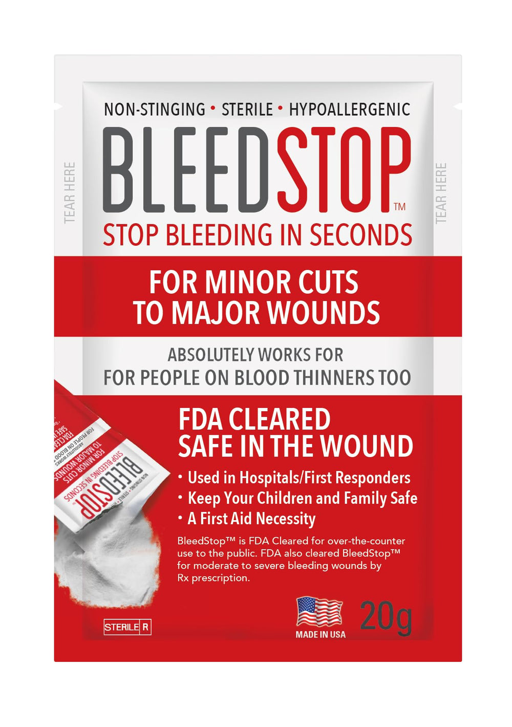 BleedStop coagulation powder application on hand shows rapid bleeding control.