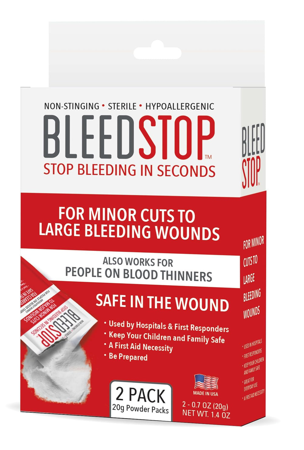 BleedStop first aid powder bottle pour demonstrates quick wound response.