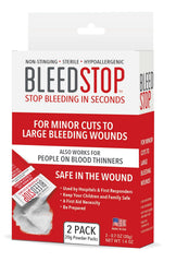 BleedStop first aid powder bottle pour demonstrates quick wound response.