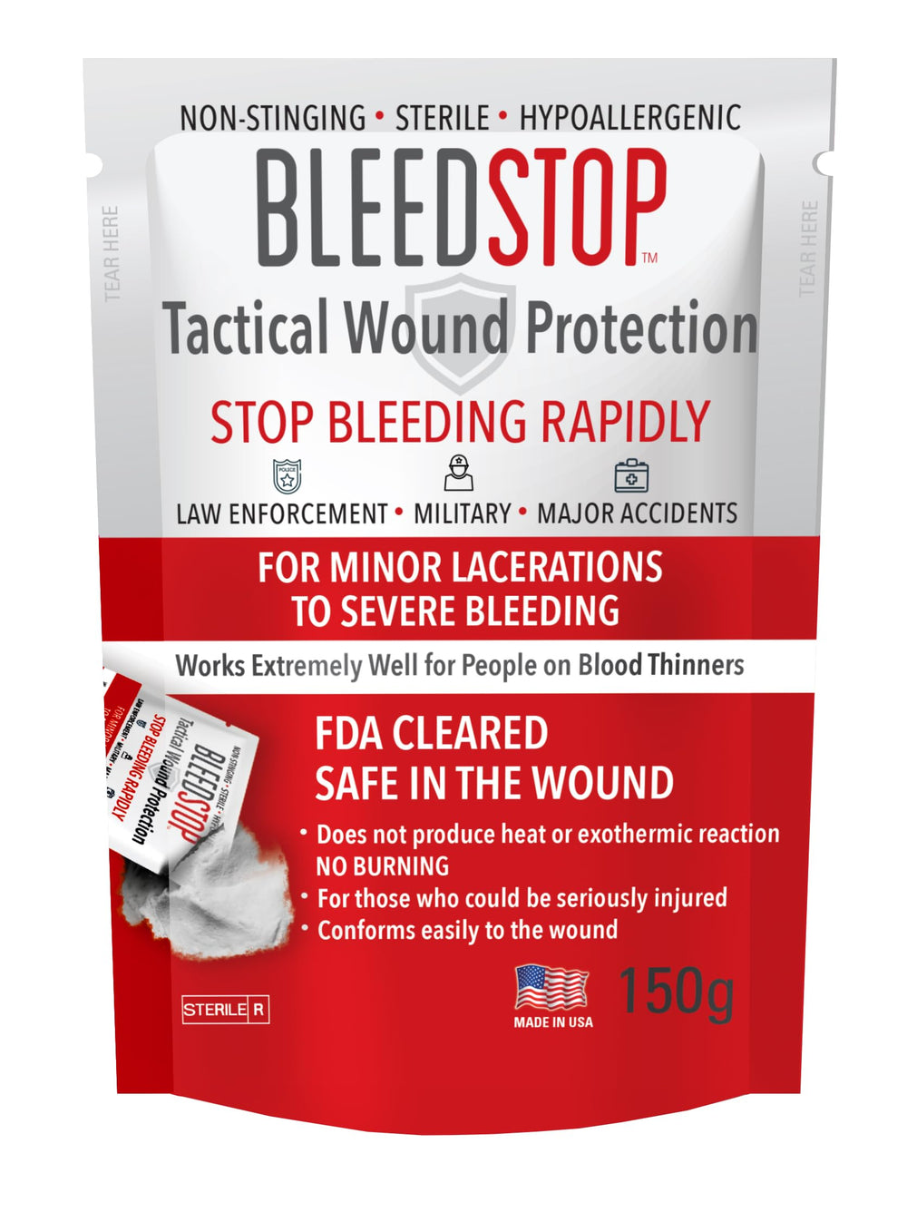 BleedStop first aid powder covers a wound for quick clotting during home care