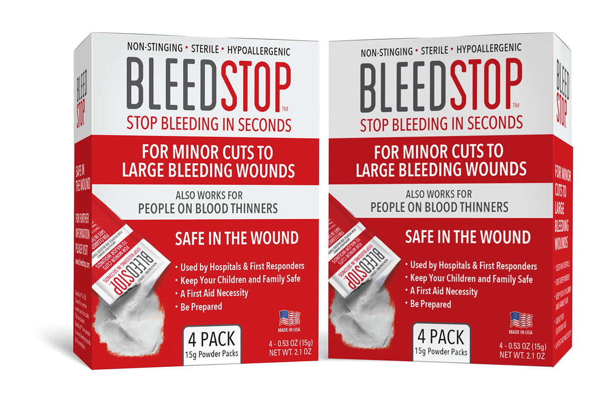 BleedStop first-aid powder packaging ready for fast bleeding control.