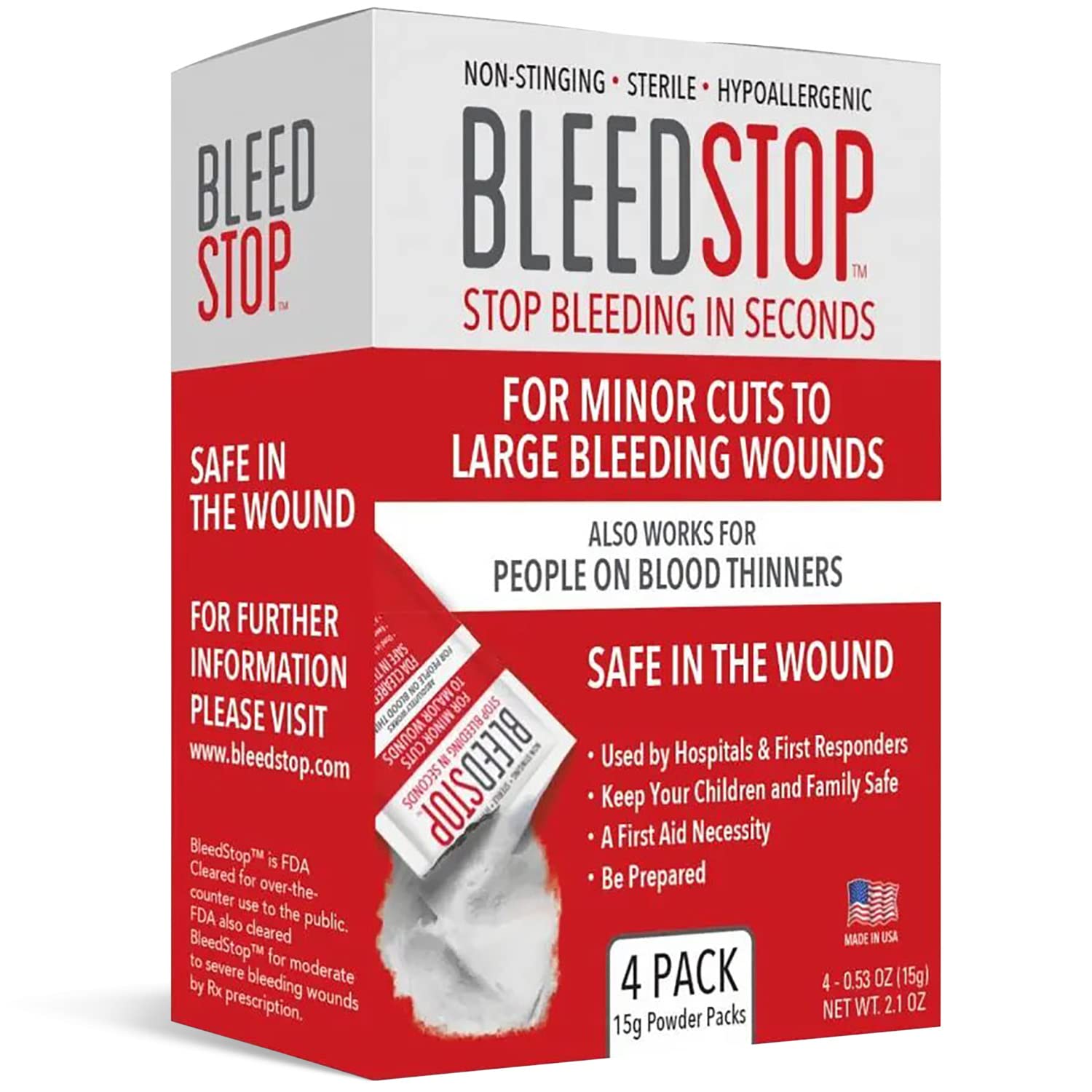 BleedStop first-aid powder packaging for ready emergency use