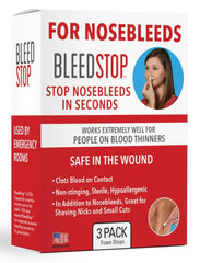 BleedStop first aid powder strip demonstrates rapid clotting for nosebleeds.