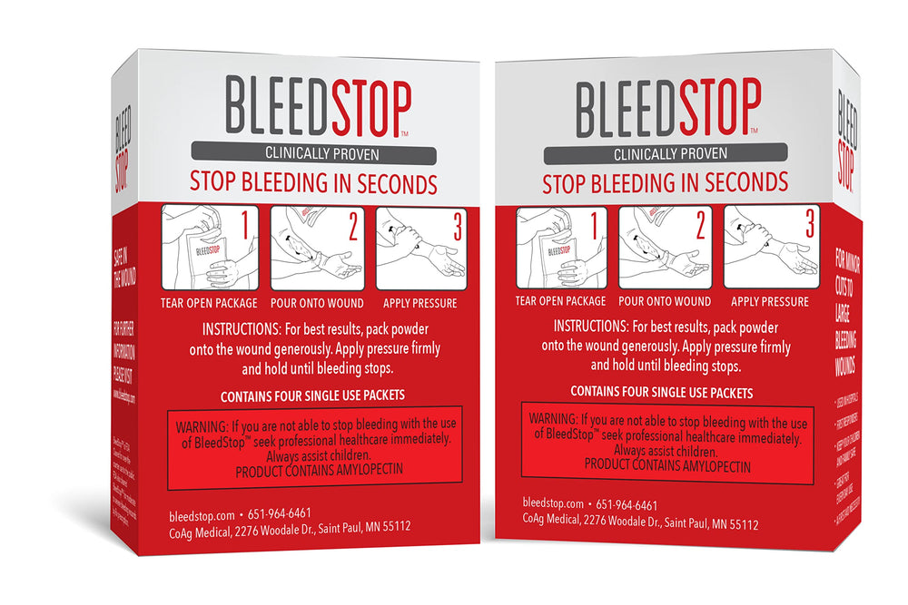 BleedStop powder dispensed onto a wound to aid rapid clotting.