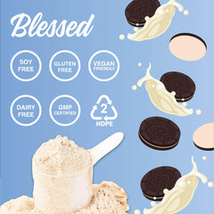 BLESSED vegan protein powder Cookies & Cream blended in a glass