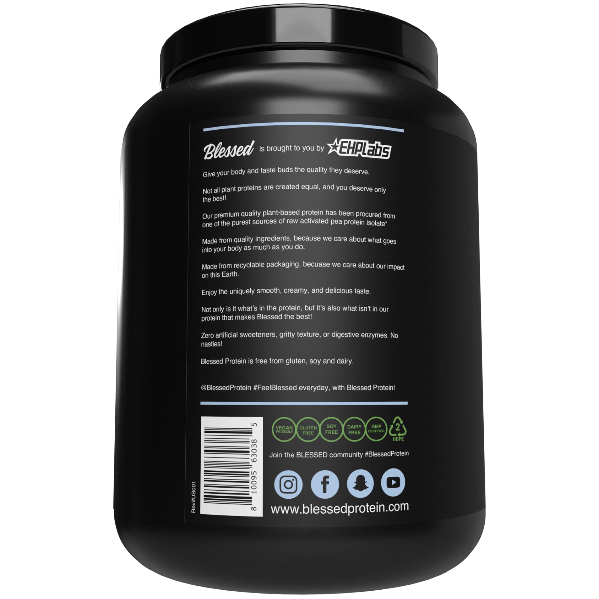 BLESSED vegan protein powder packaging emphasizing sustainable ingredients