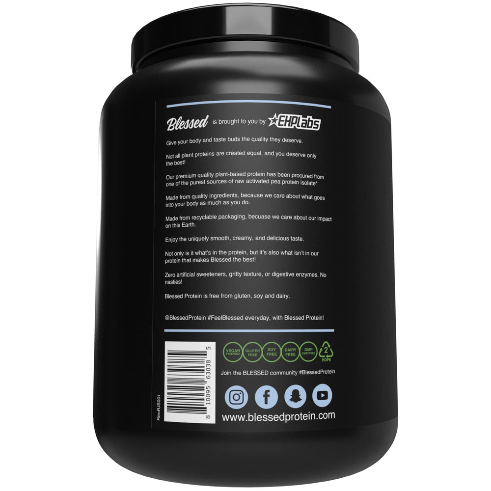 BLESSED vegan protein powder packaging emphasizing sustainable ingredients
