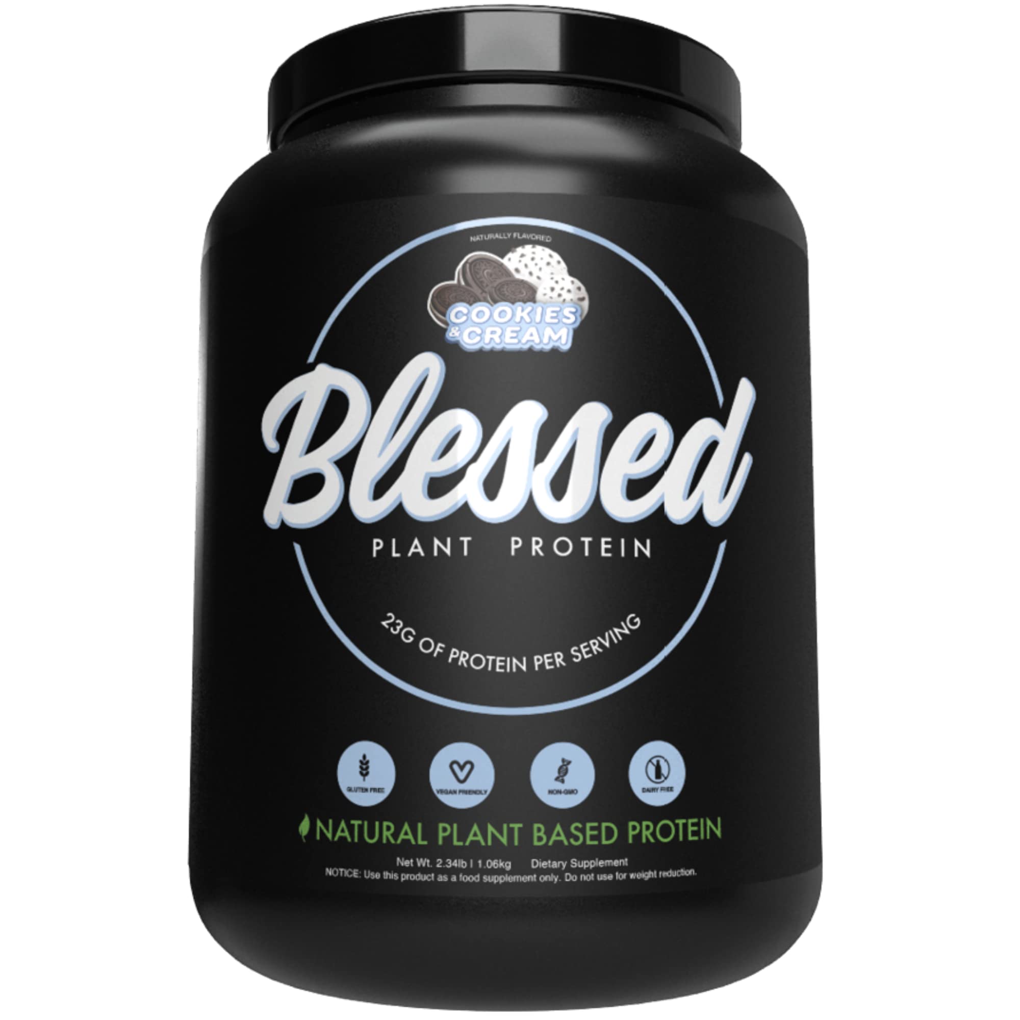 BLESSED vegan protein powder cookies & cream scoop for a protein-rich shake