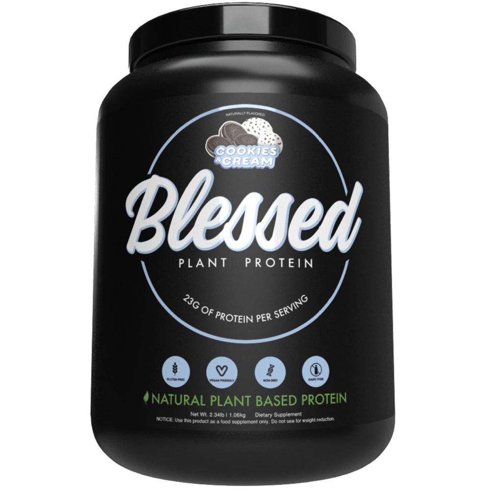 BLESSED vegan protein powder cookies & cream scoop for a protein-rich shake