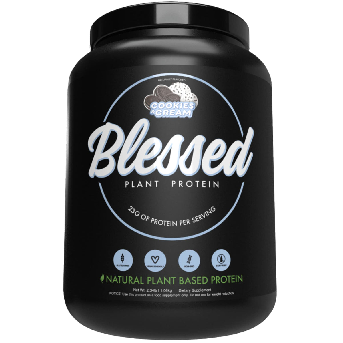 BLESSED vegan protein powder cookies & cream scoop for a protein-rich shake