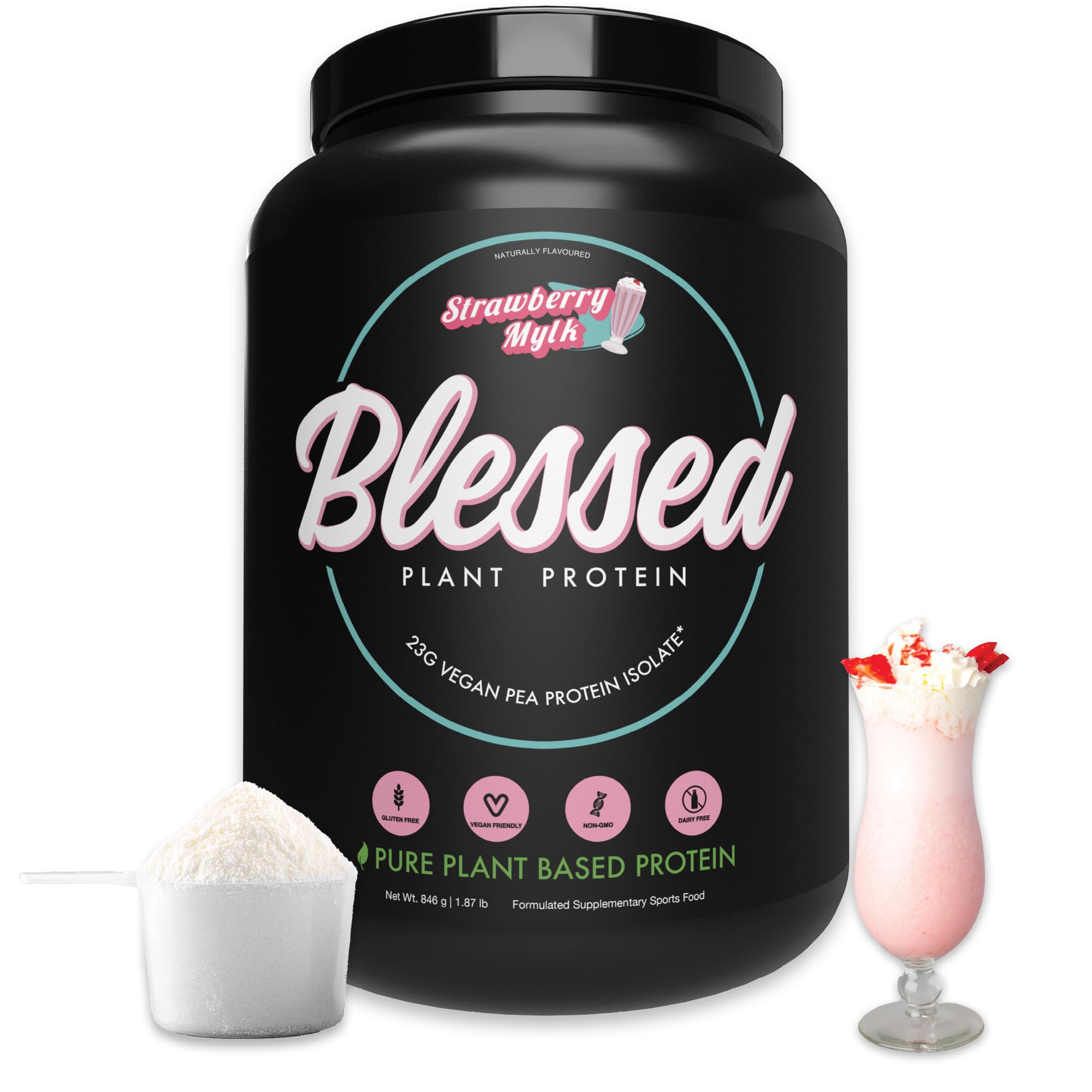 Blessed vegan protein powder front label highlights protein-rich, plant-based option