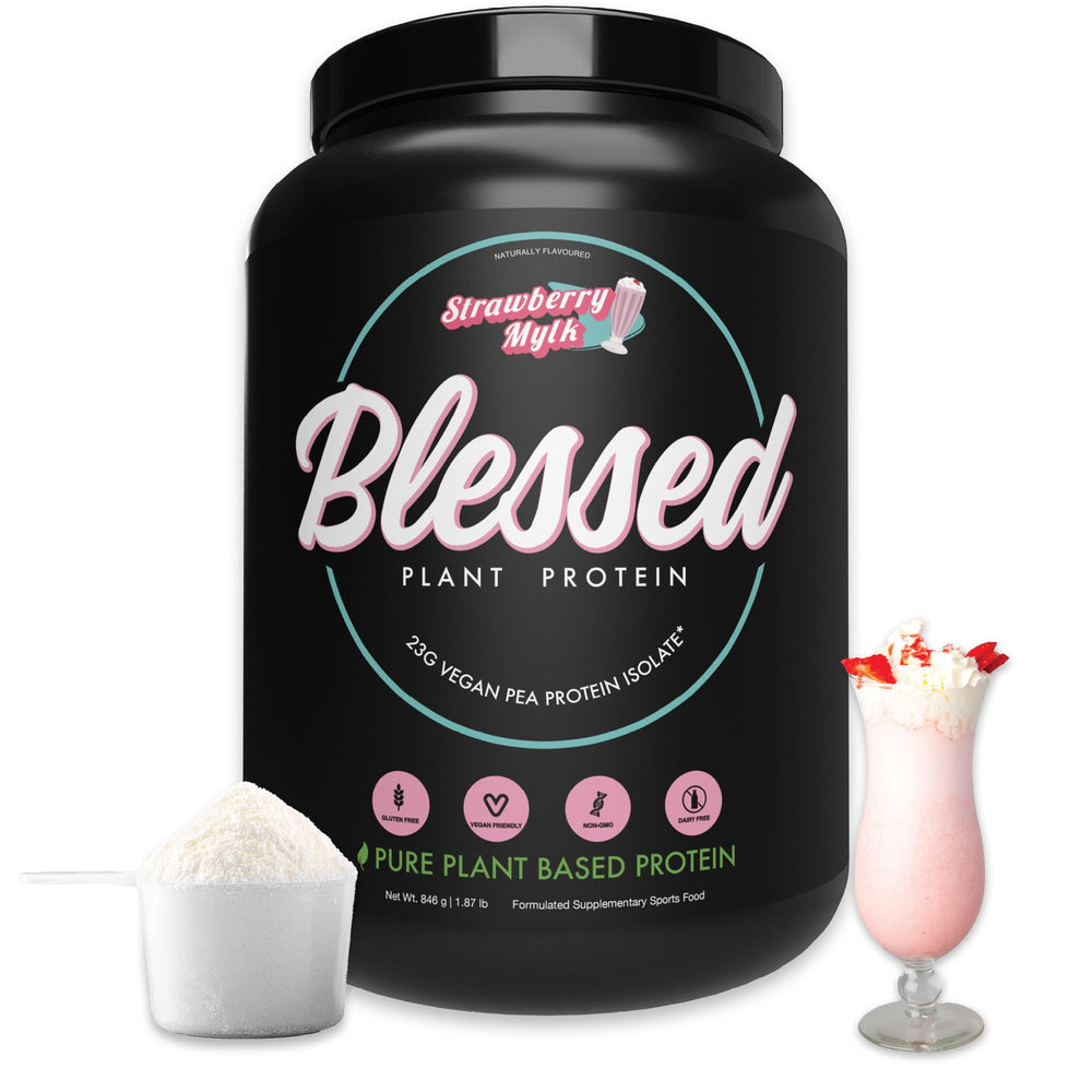 Blessed vegan protein powder front label highlights protein-rich, plant-based option