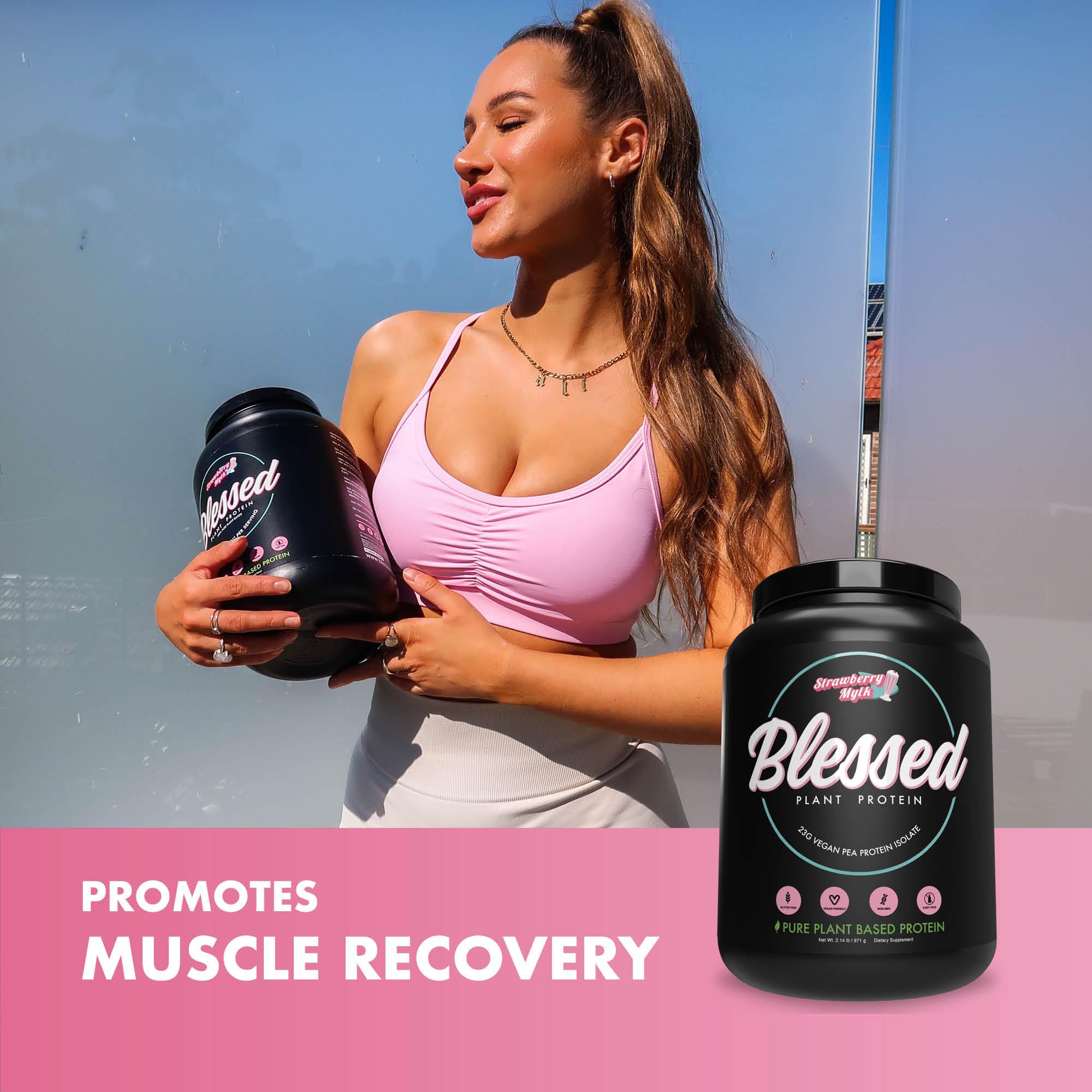 Blessed protein powder being poured into smoothie for meal-style nutrition