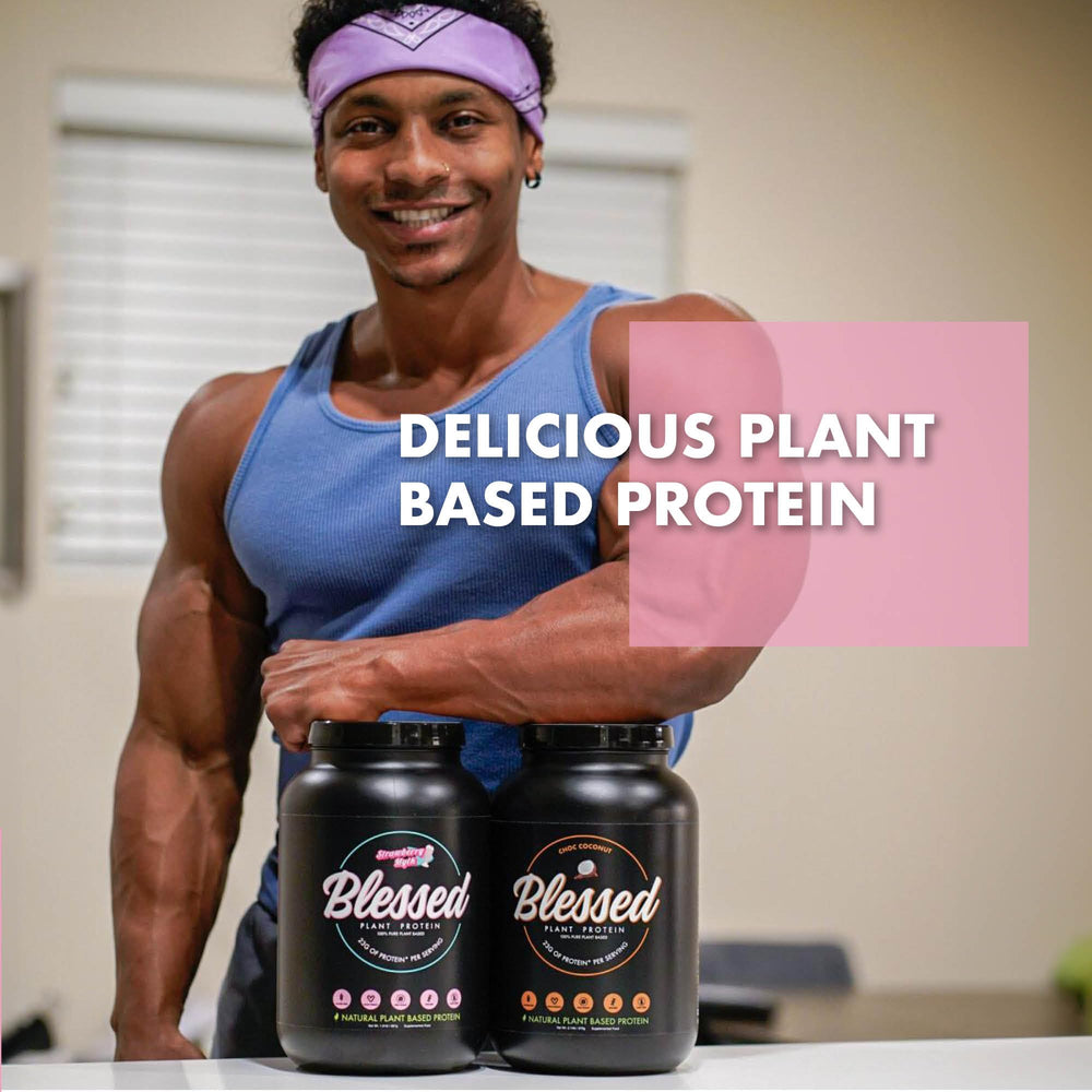Blessed packaging shows gluten-free, dairy-free, soy-free ingredients and natural sweetener