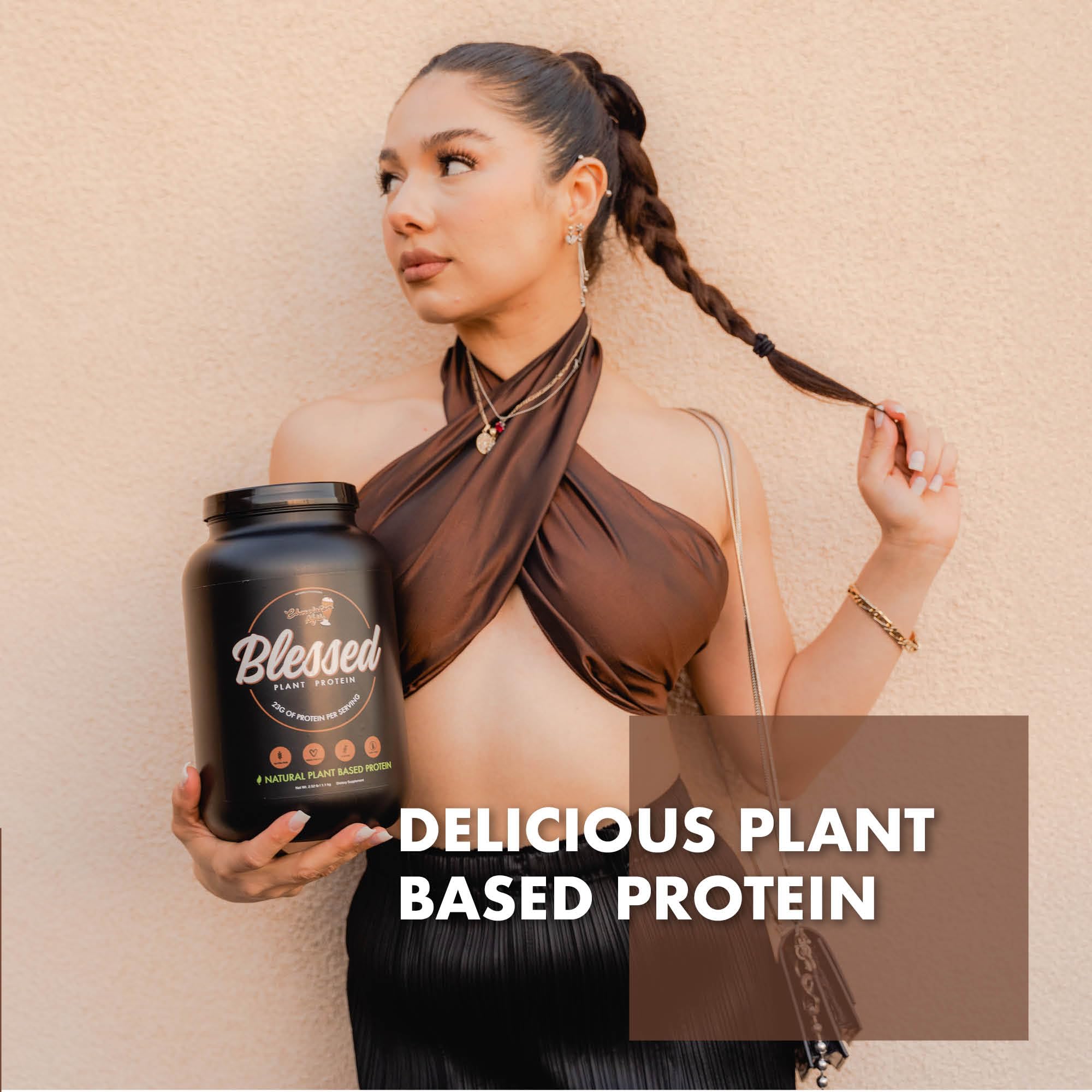 Blessed protein powder label close-up highlighting no sugar added.