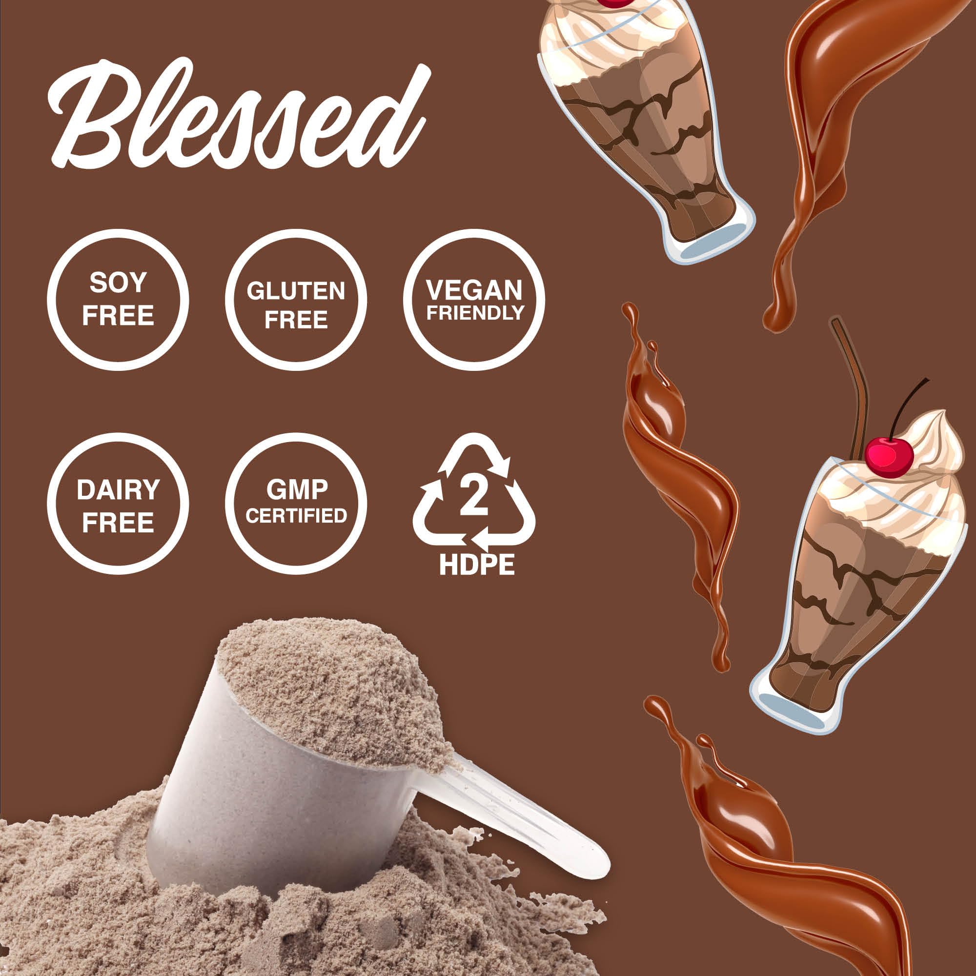 Blessed vegan protein powder being poured into a glass for a smoothie.