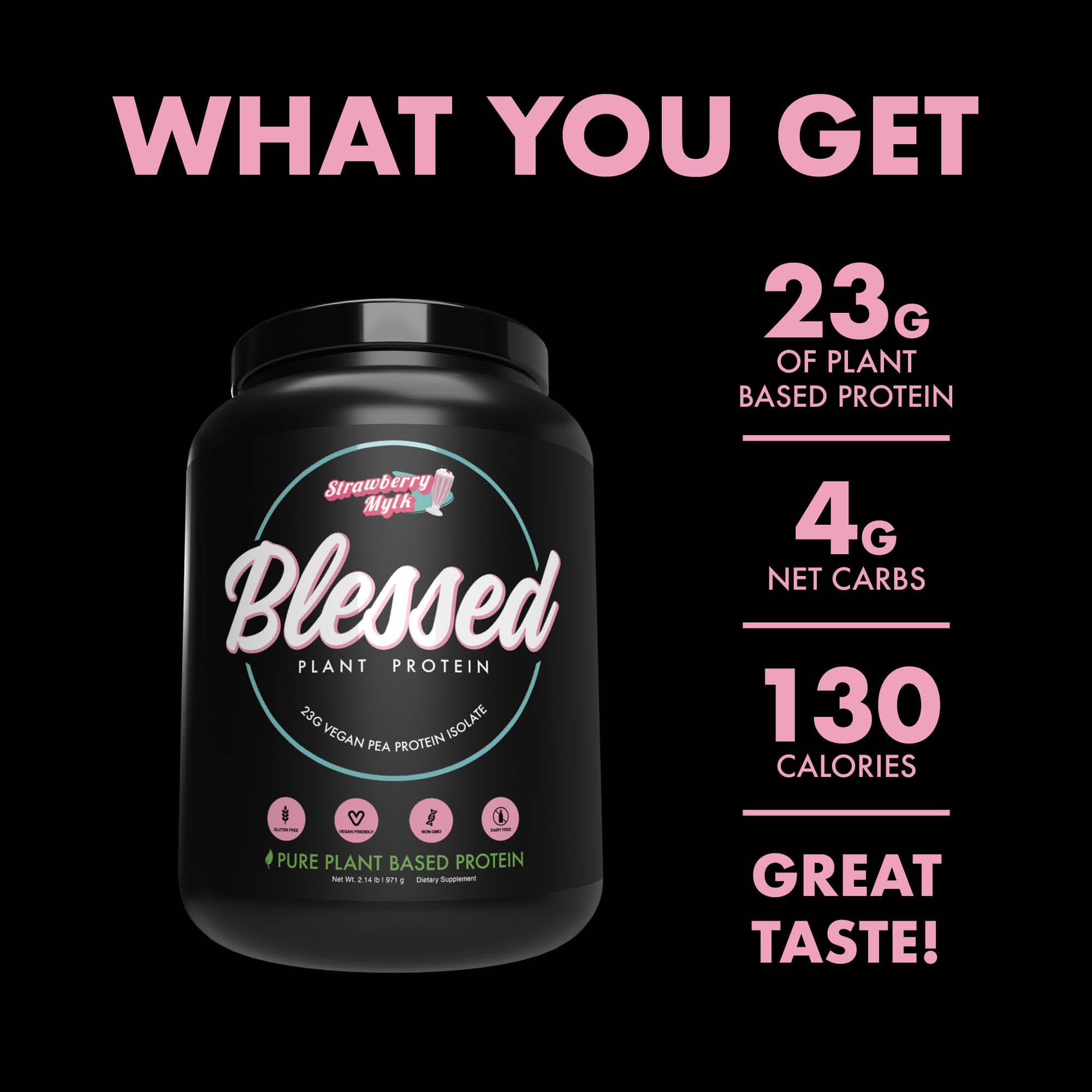 Blessed strawberry mylk jar on kitchen counter emphasizes flavor-forward plant protein