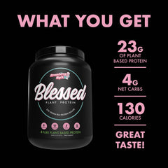 Blessed strawberry mylk jar on kitchen counter emphasizes flavor-forward plant protein