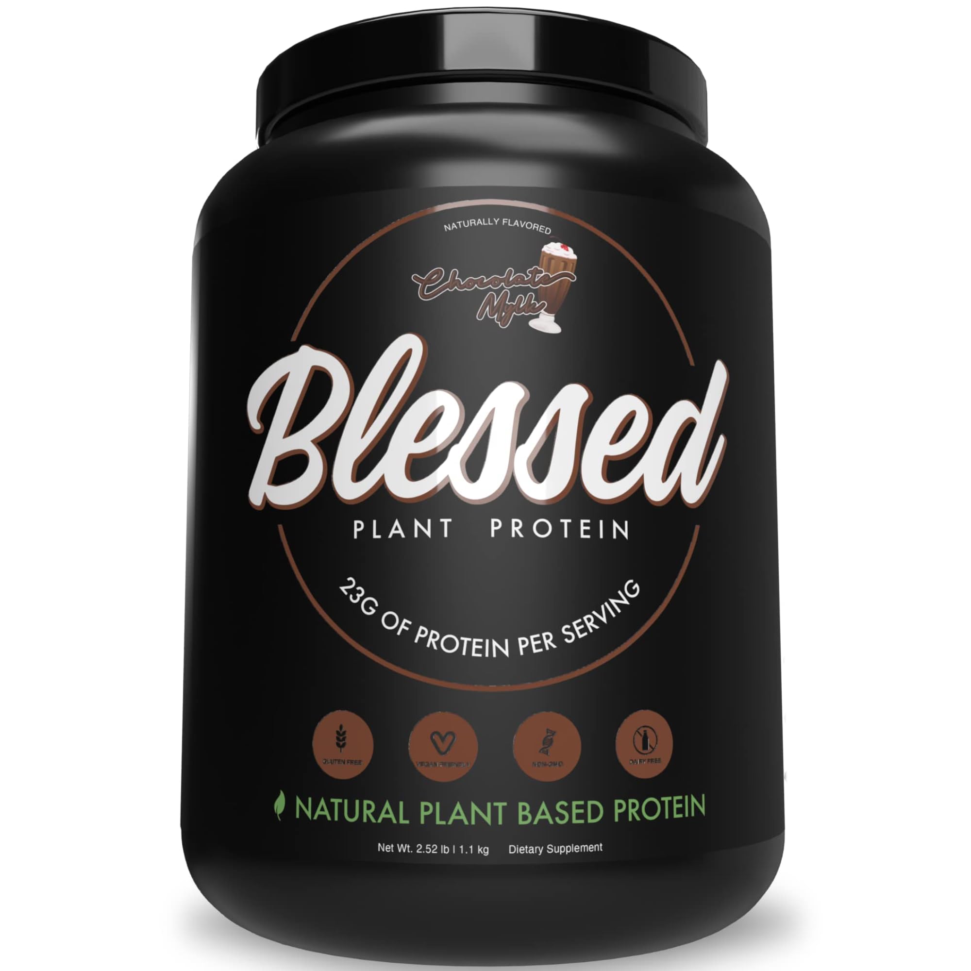 Blessed vegan protein powder tub with Chocolate Mylk for plant-based nutrition.