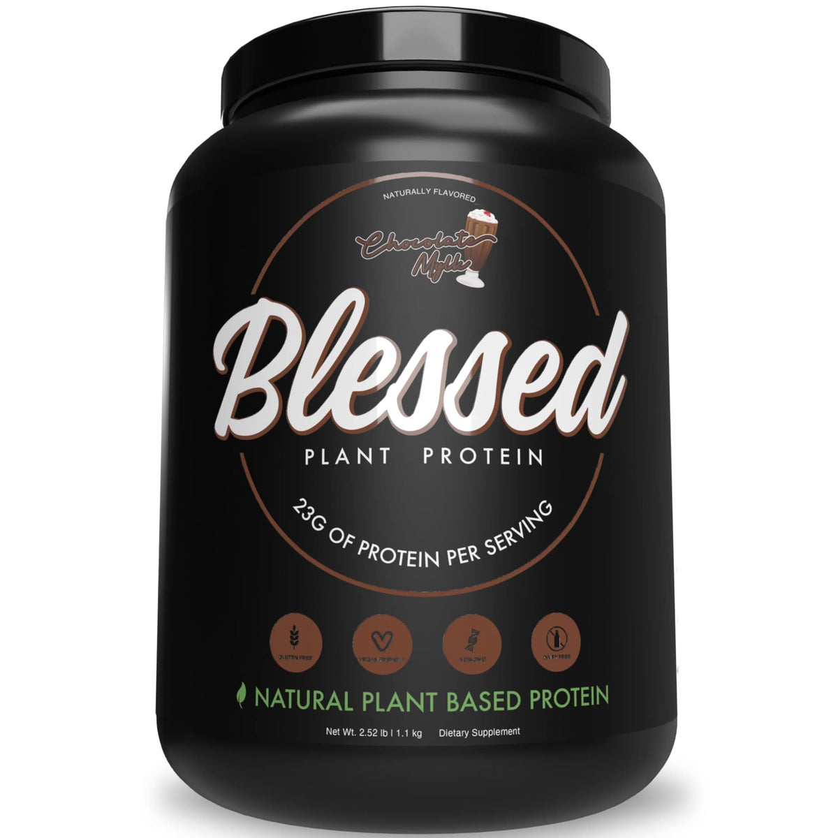Blessed vegan protein powder tub with Chocolate Mylk for plant-based nutrition.