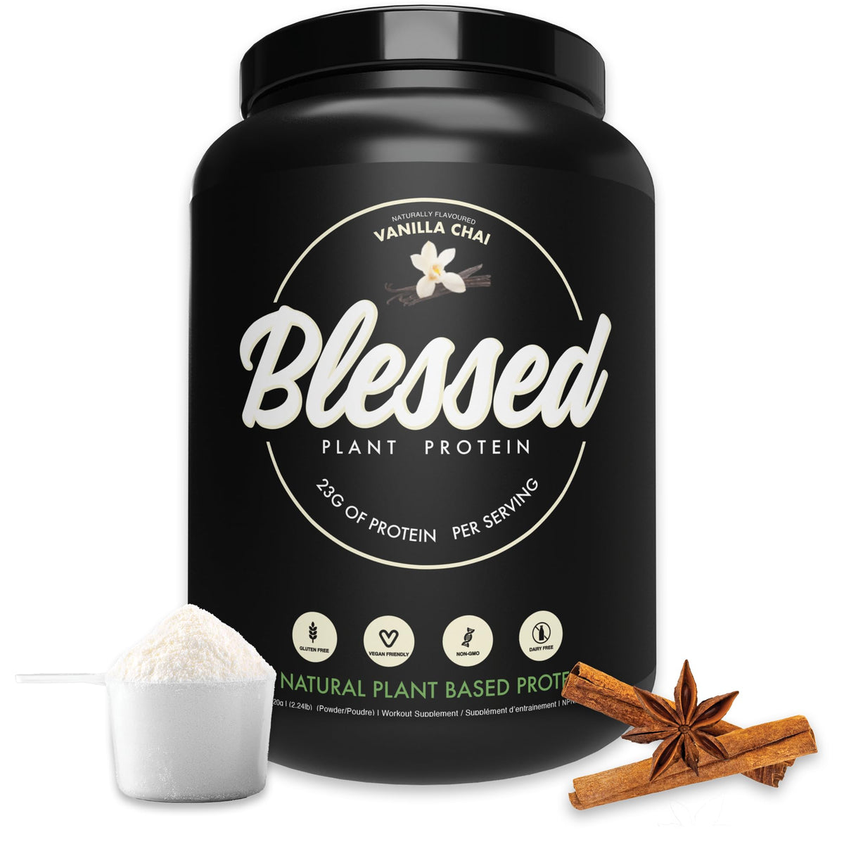 Blessed Vegan Protein Powder bottle in Vanilla Chai for a protein-rich shake