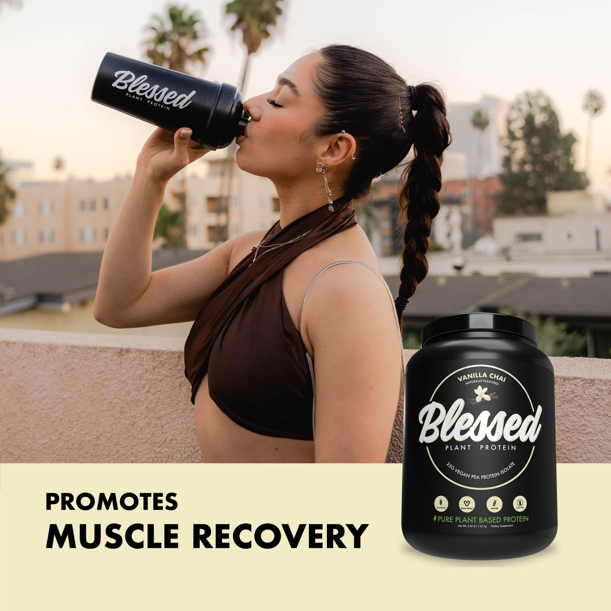 Scoop of Blessed protein beside a glass suggests easy meal replacement flexibility