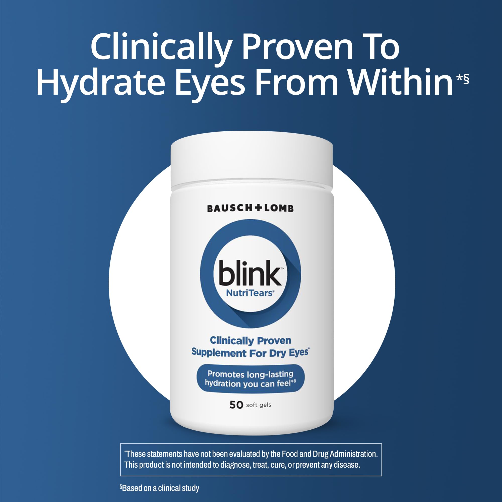 Blink NutriTears softgels bottle label closeup highlights lutein and vitamin D.