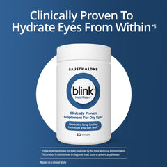 Blink NutriTears softgels bottle label closeup highlights lutein and vitamin D.