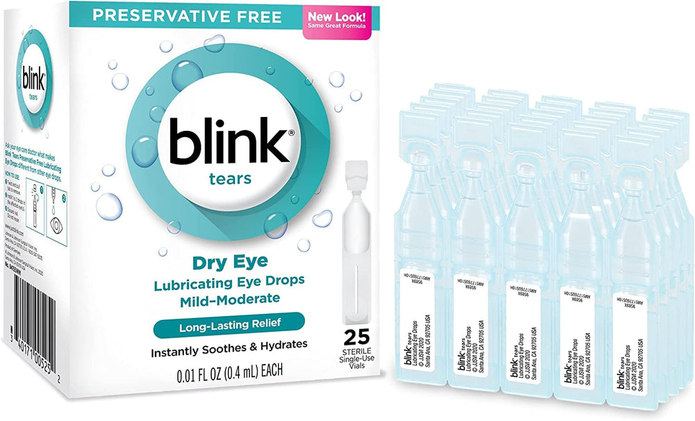Blink Tears application drops mid-use demonstration for relief rituals.