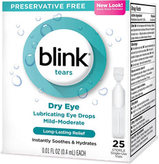 Blink Tears bottle close-up for quick, on-the-go eye relief.