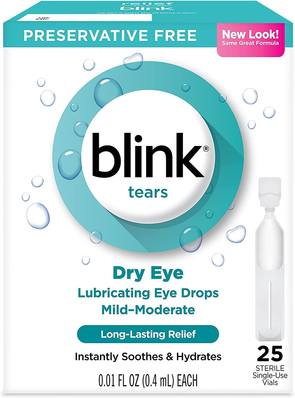 Blink Tears preservative-free label highlighted for sensitive-eye comfort.