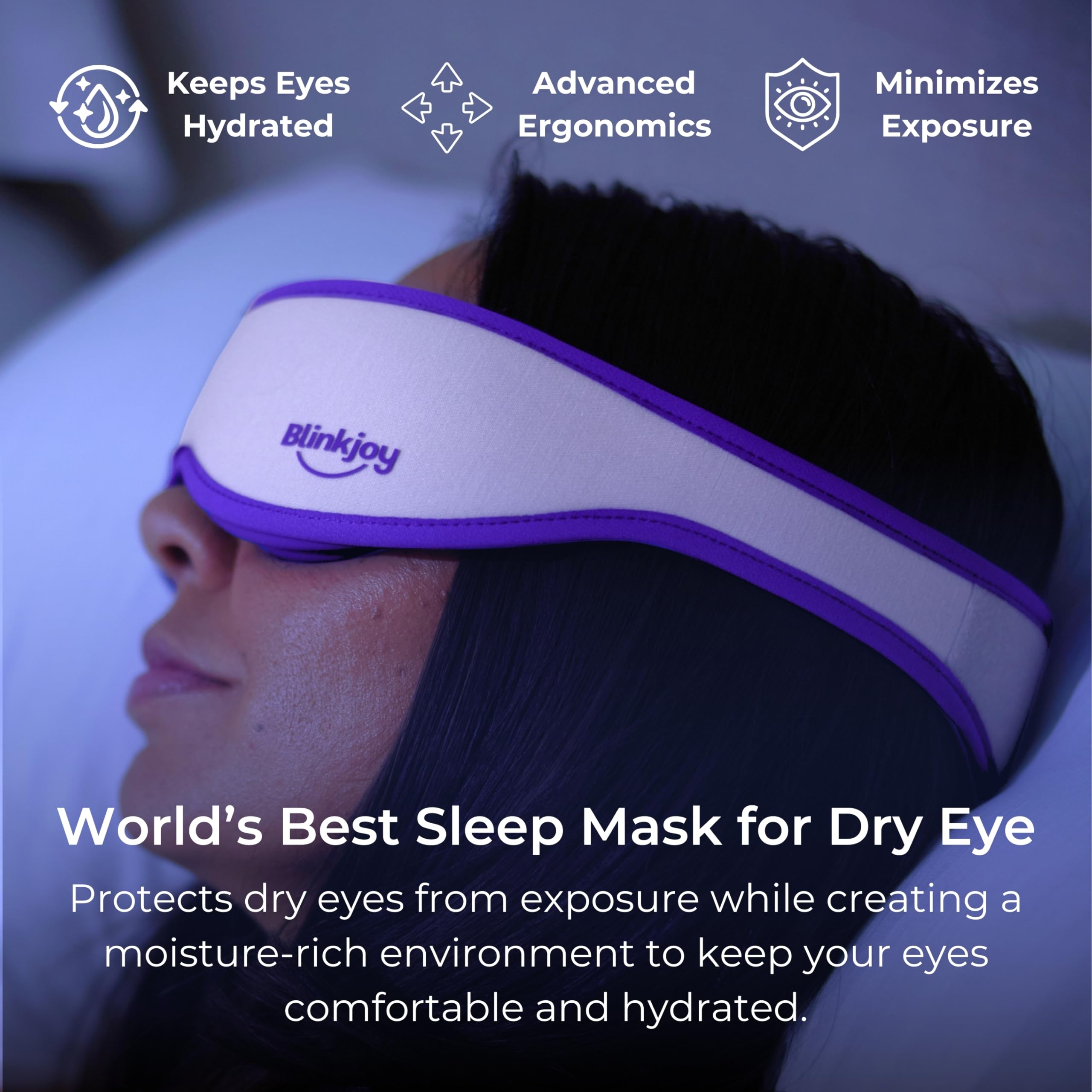 Blinkjoy Hydrating Sleep Mask with adjustable strap demonstrates a secure, customizable night fit
