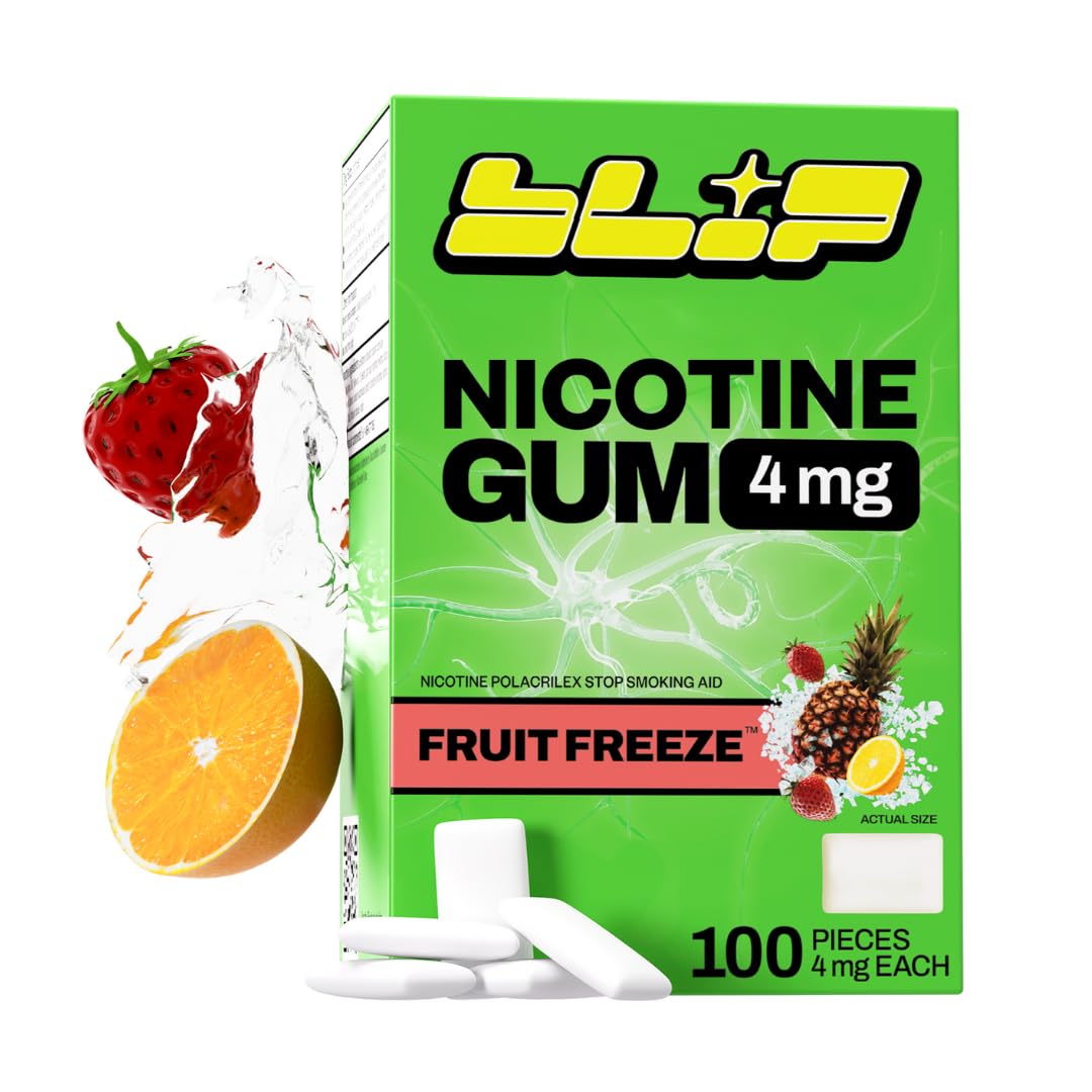 Blip NRT Fruit Freeze gum pack front; may help curb cravings during quit attempts.