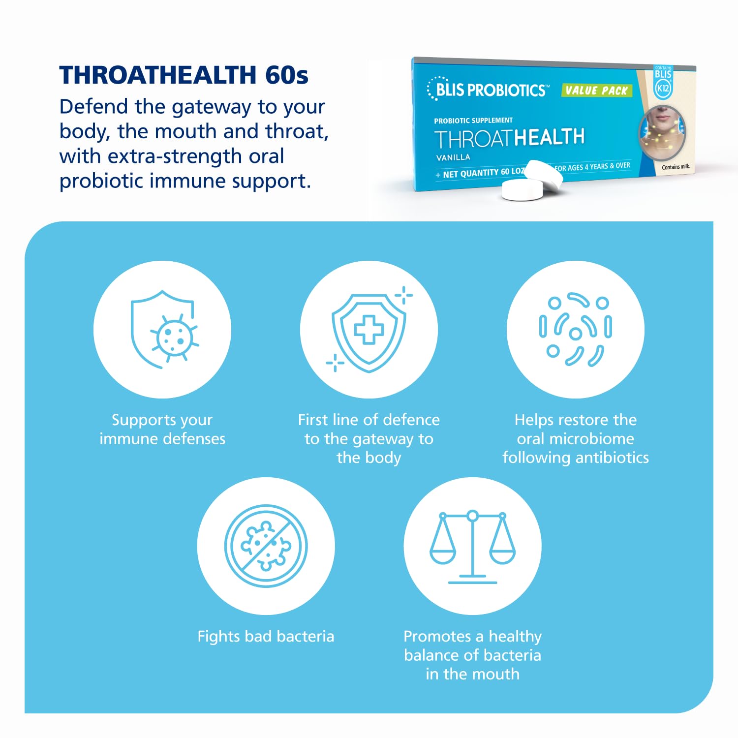 BLIS ThroatHealth 2.5B CFU lozenge closeup highlighting K12 potency for oral health