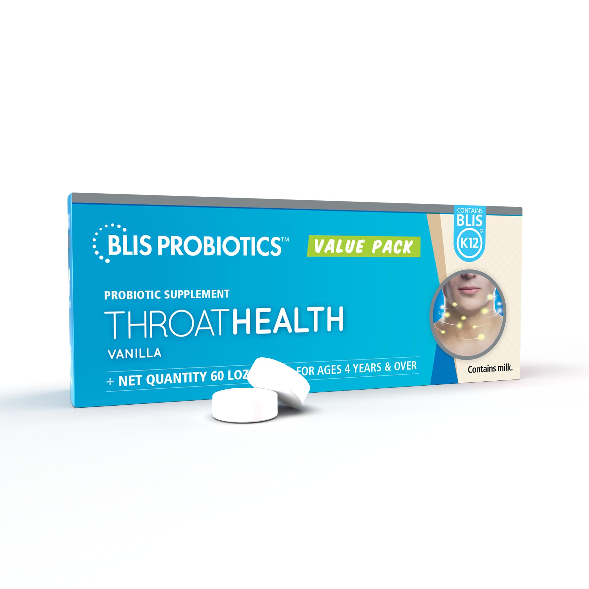 BLIS ThroatHealth vanilla lozenge pack shows a 60-day supply for on-the-go throat support