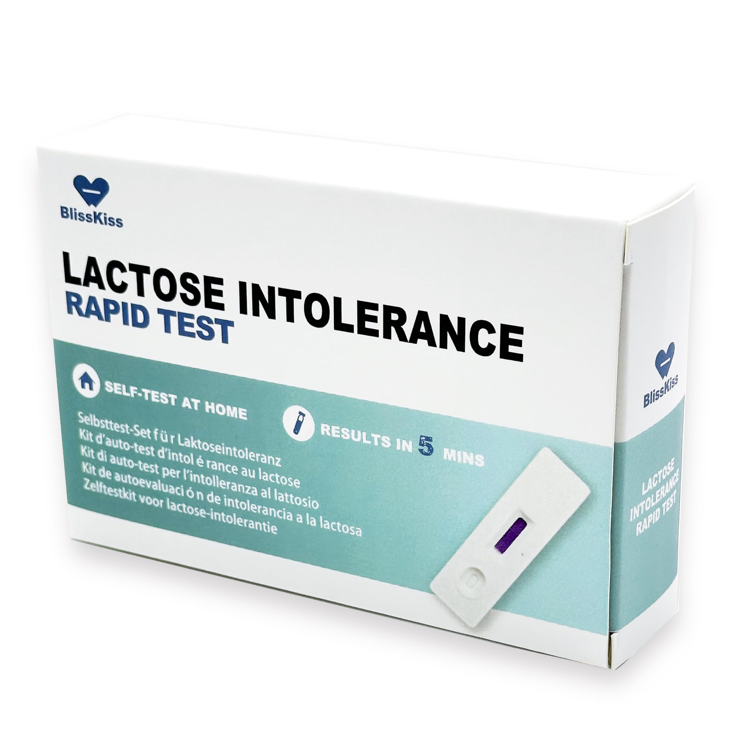 BlissKiss lactose test kit box front, convenient home testing at a glance.
