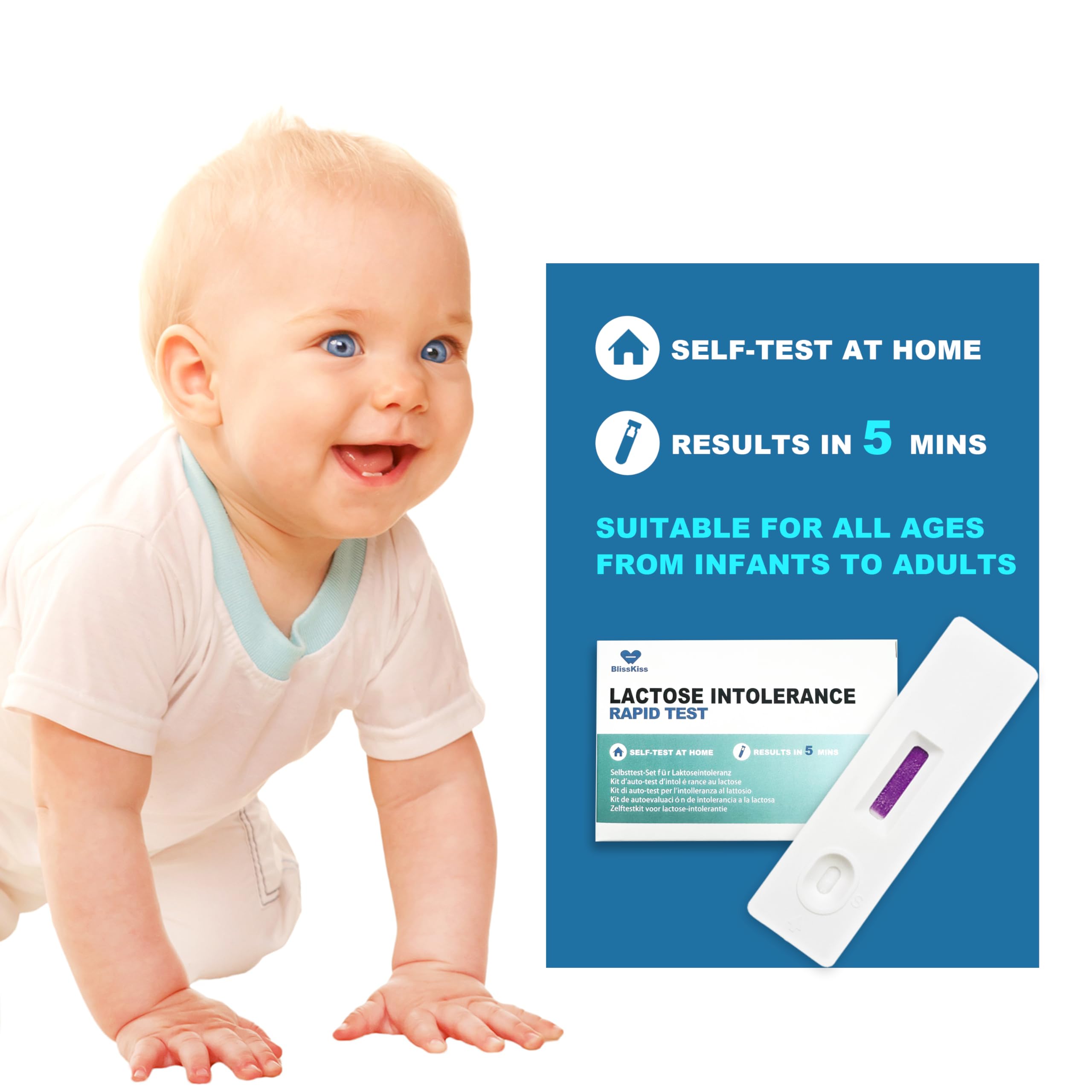 BlissKiss lactose test kit contents, all-in-one setup for quick self-testing.