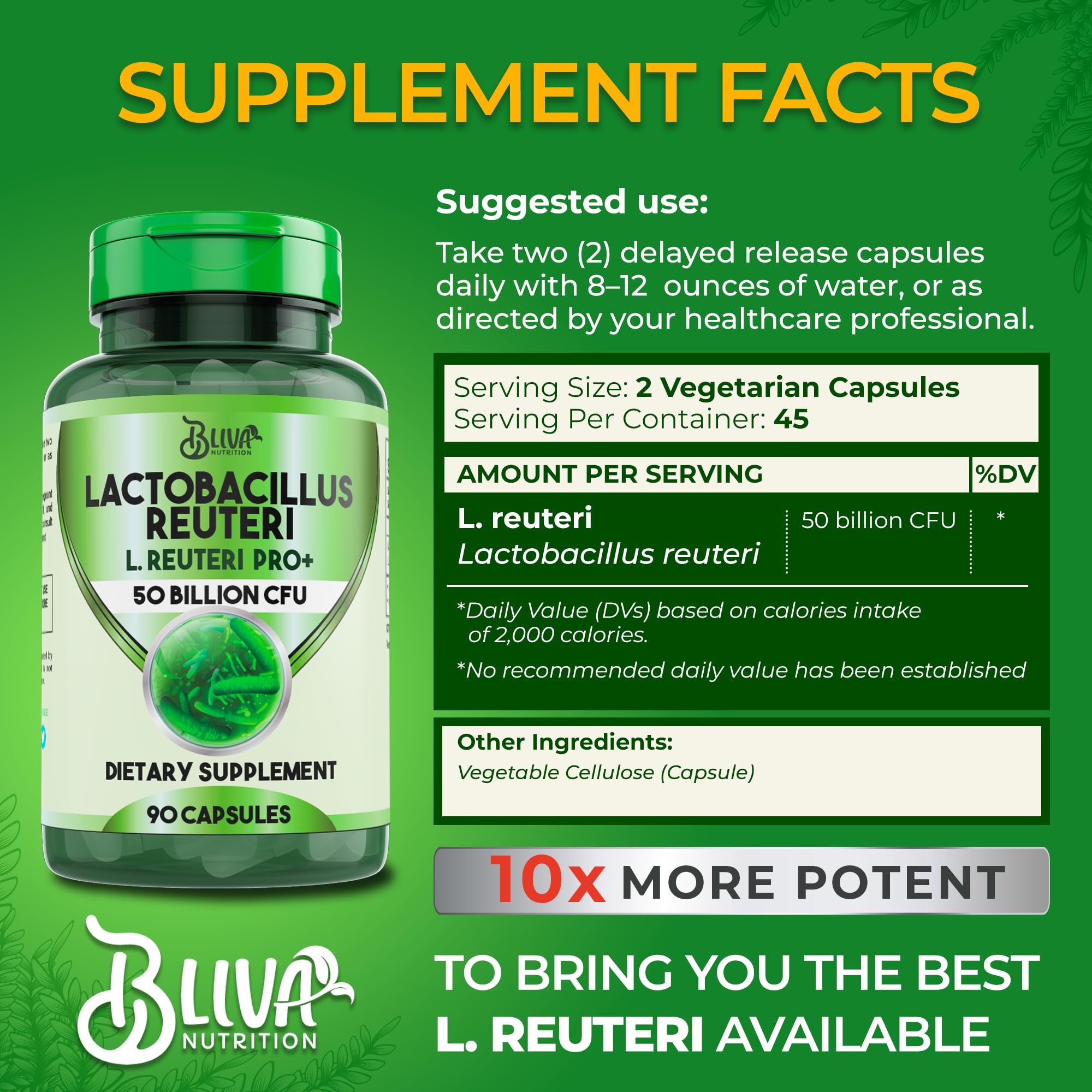 BLIVA capsules close-up showing high potency for daily probiotic use