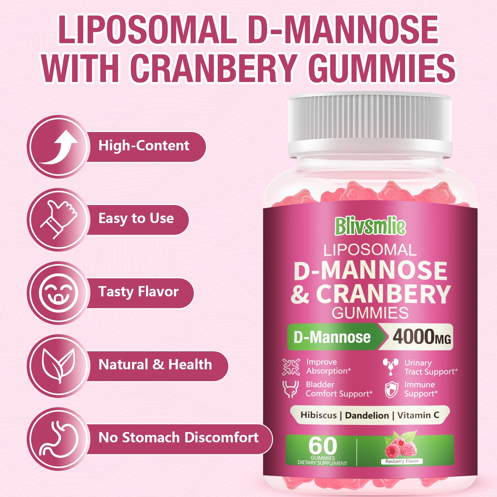 Blivsmlie easy-to-chew gummies shown with bright raspberry taste for everyday use.