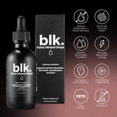 Label showing fulvic acids and mineral blend in blk. PH 8+ drops