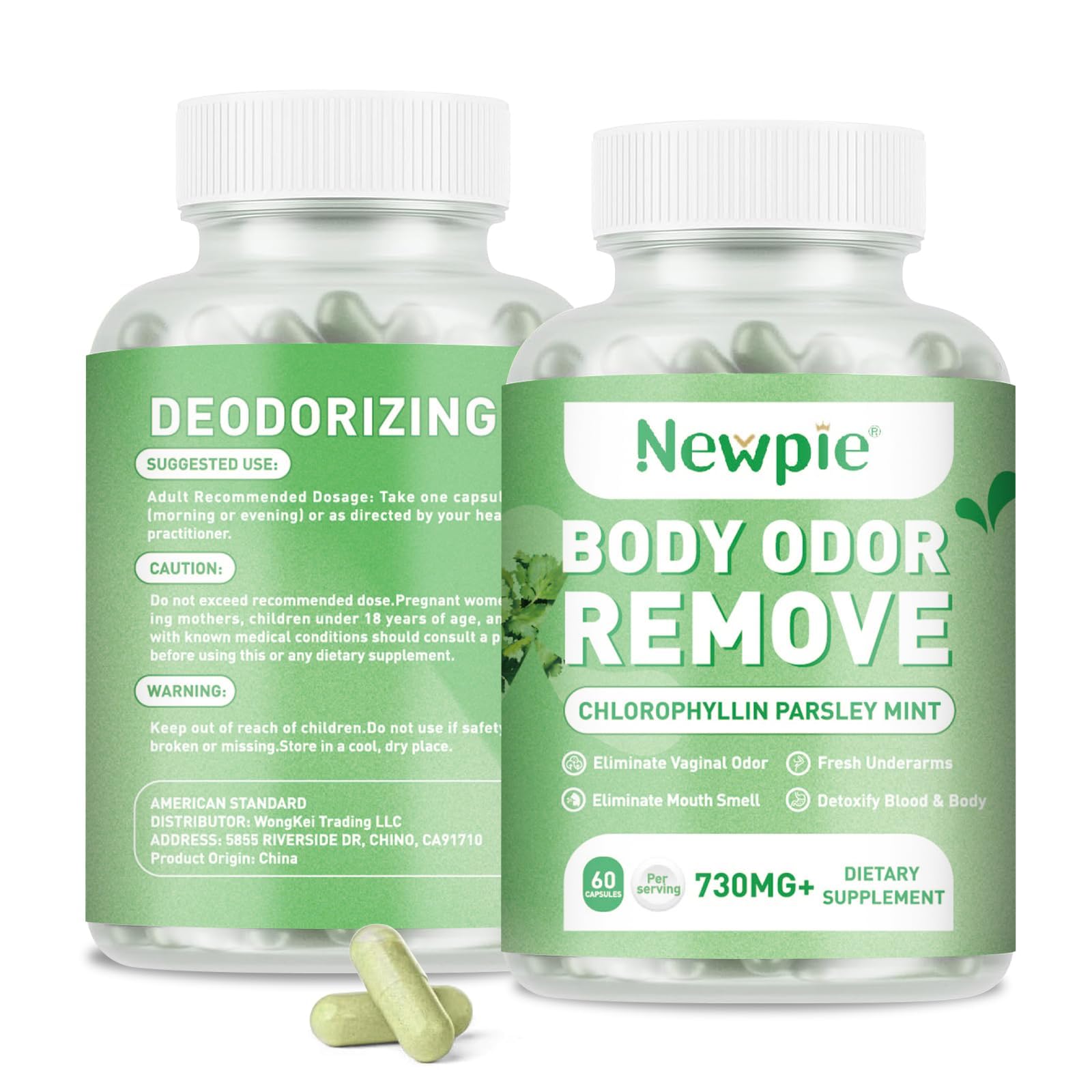 Blltzzz Newpie bottle front shows vegan, gluten-free odor-control supplement for daily freshness.