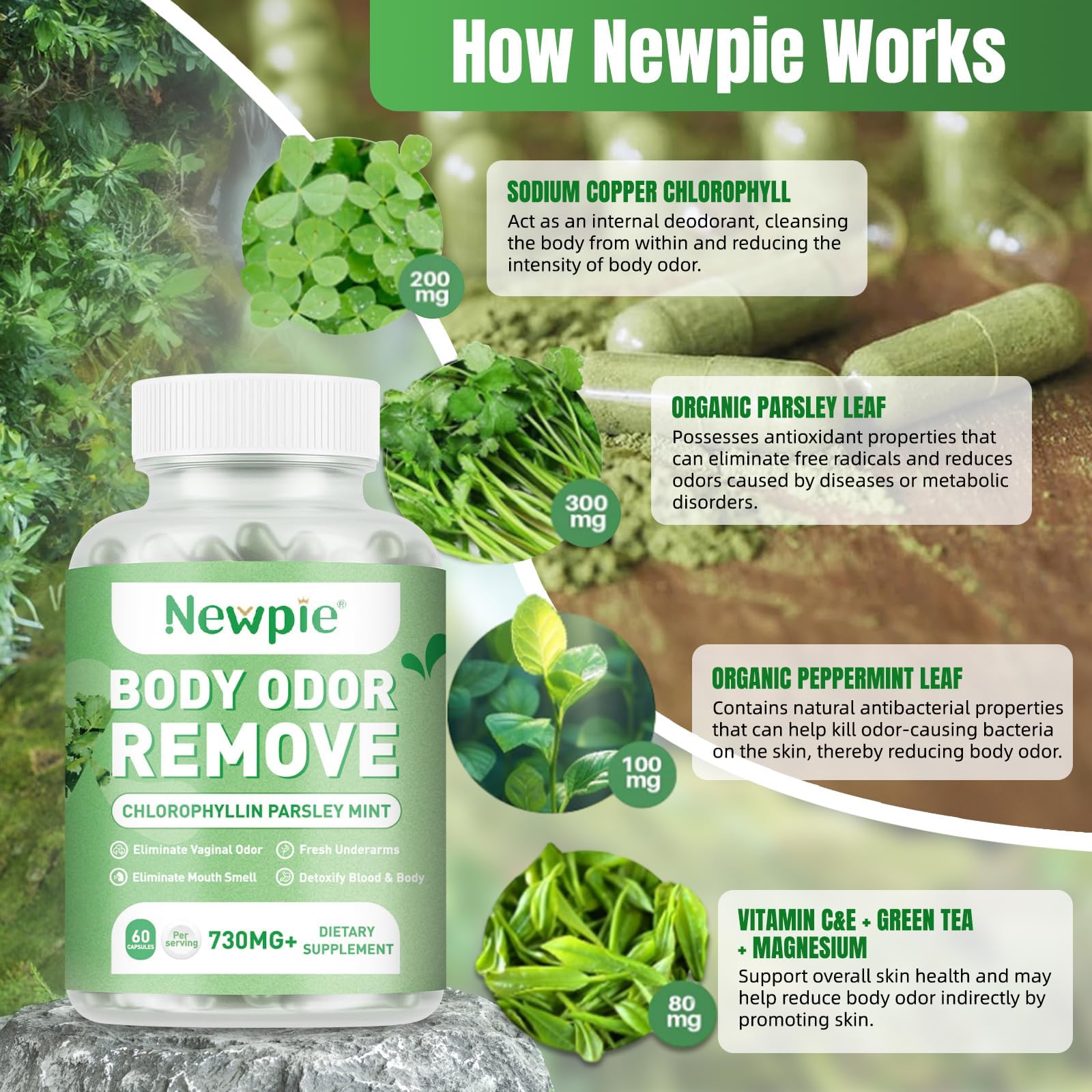 Blltzzz Newpie capsules close-up highlights chlorophyllin-based deodorization inside the capsule.