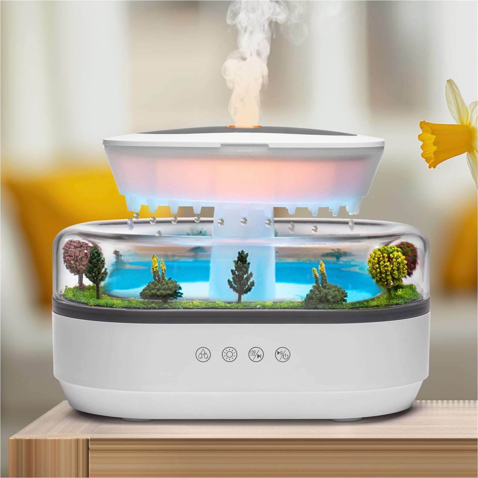 BLOIMP diffuser with rain-cloud visuals enhancing bedroom ambiance
