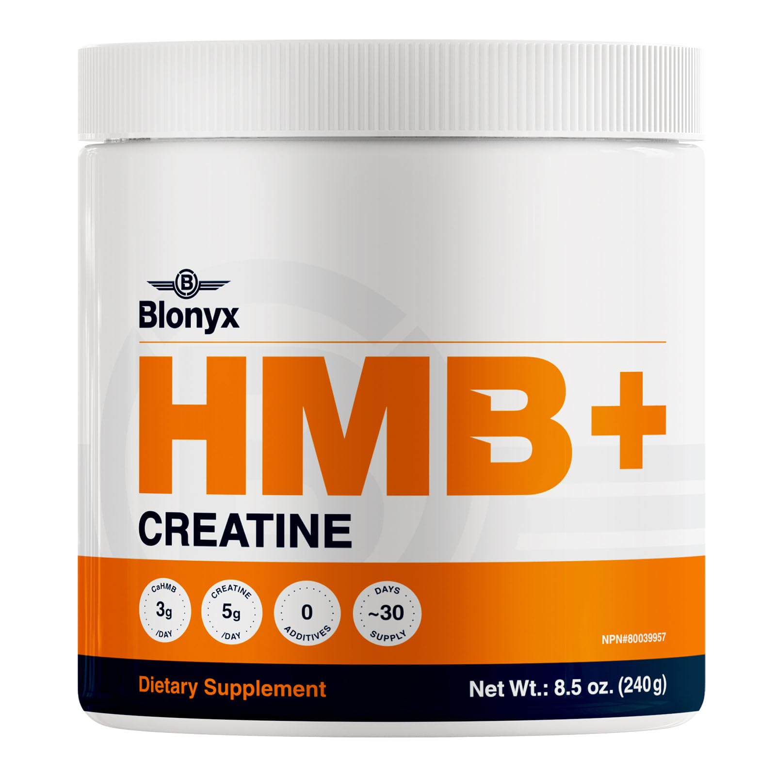 Blonyx HMB Creatine bottle front showing clean athlete-focused packaging