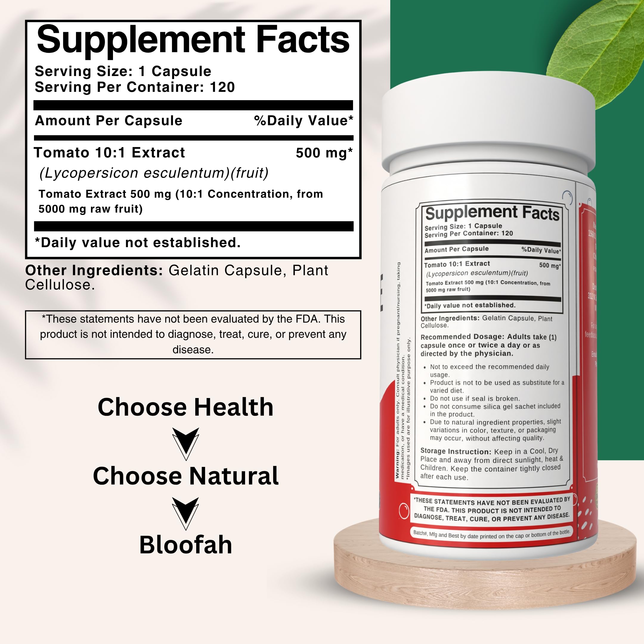 Bloofah 500mg capsule closeup highlights high-potency tomato extract.
