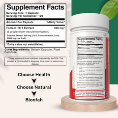 Bloofah 500mg capsule closeup highlights high-potency tomato extract.