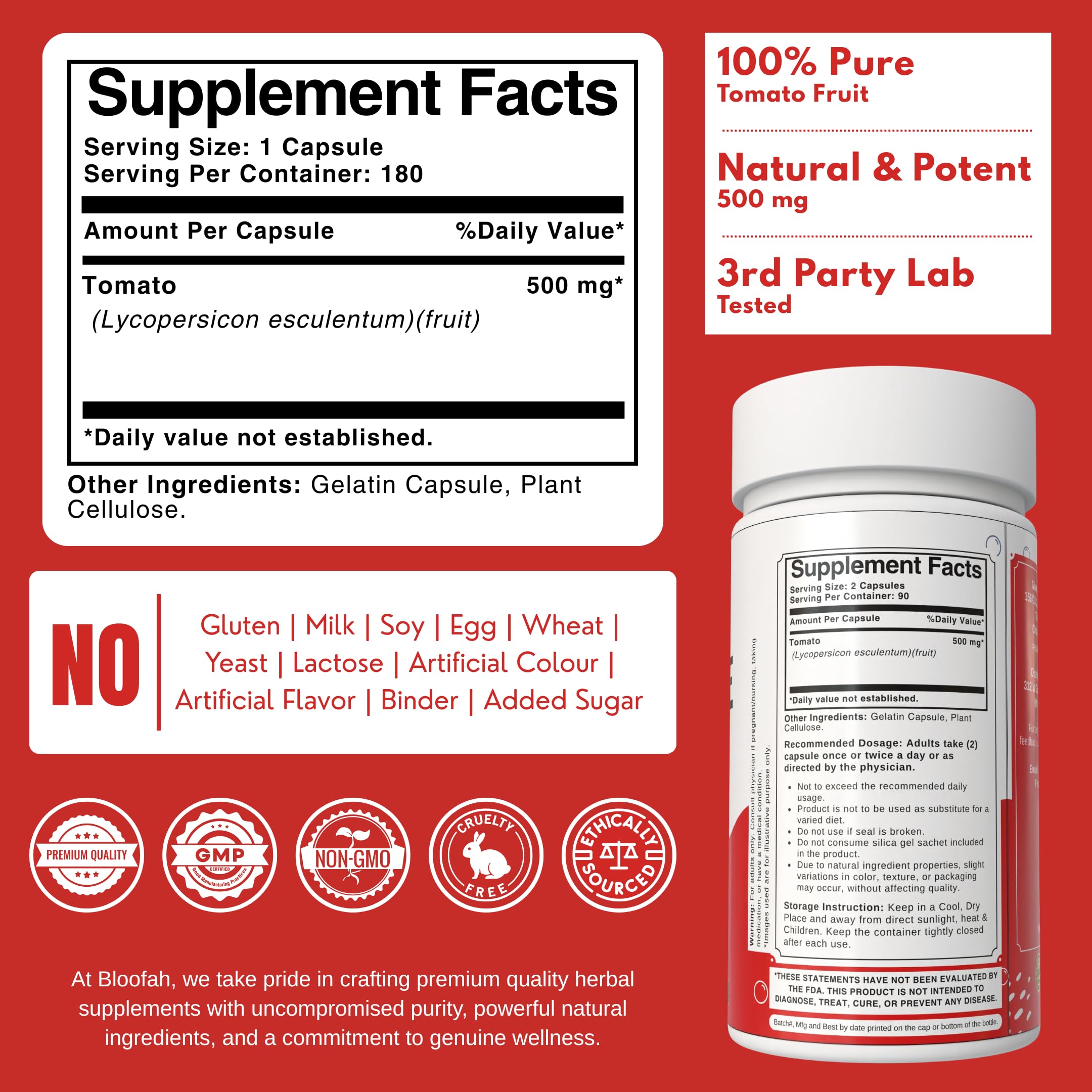 Bloofah Lycopene capsules bottle side view showing 180-capsule supply.