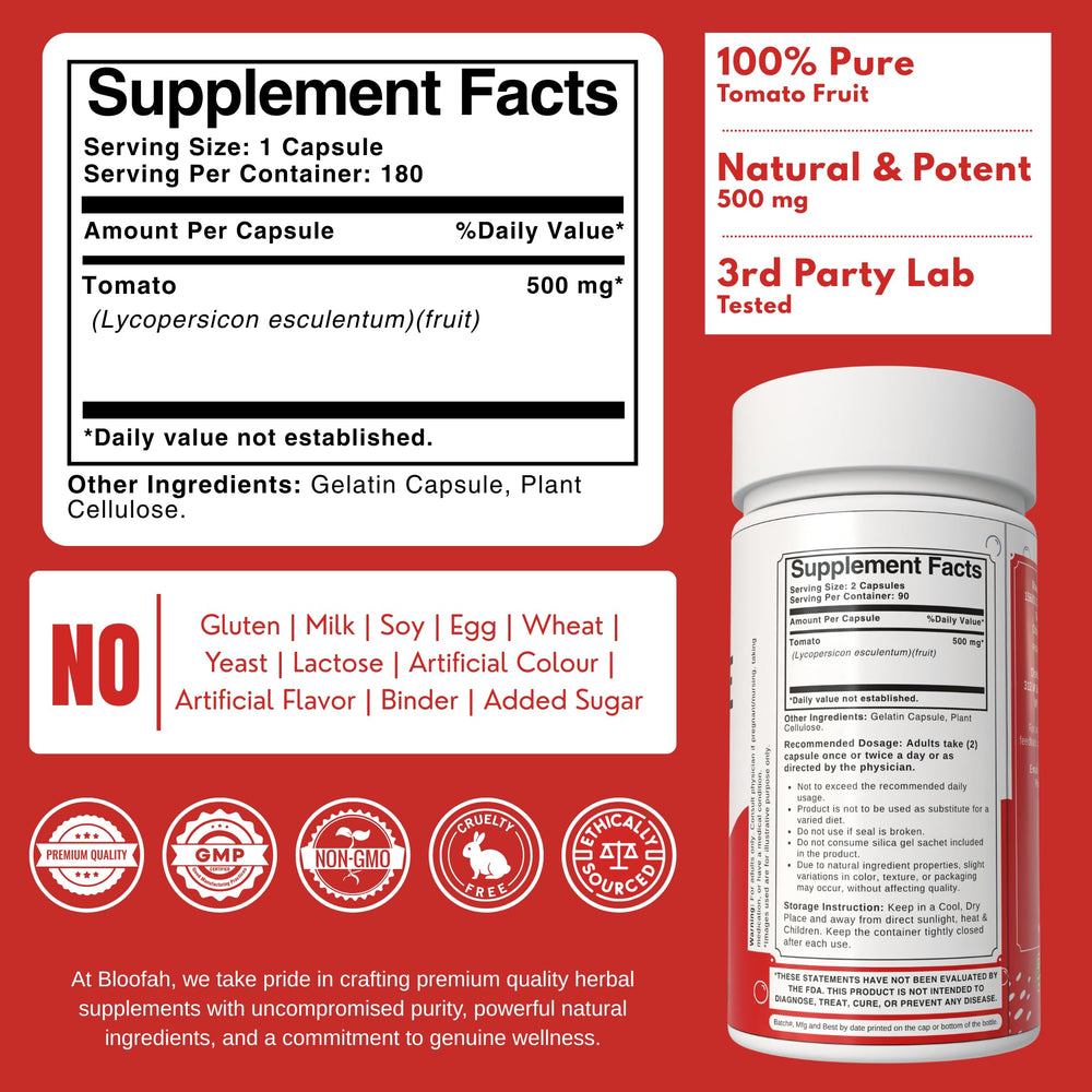 Bloofah Lycopene capsules bottle side view showing 180-capsule supply.