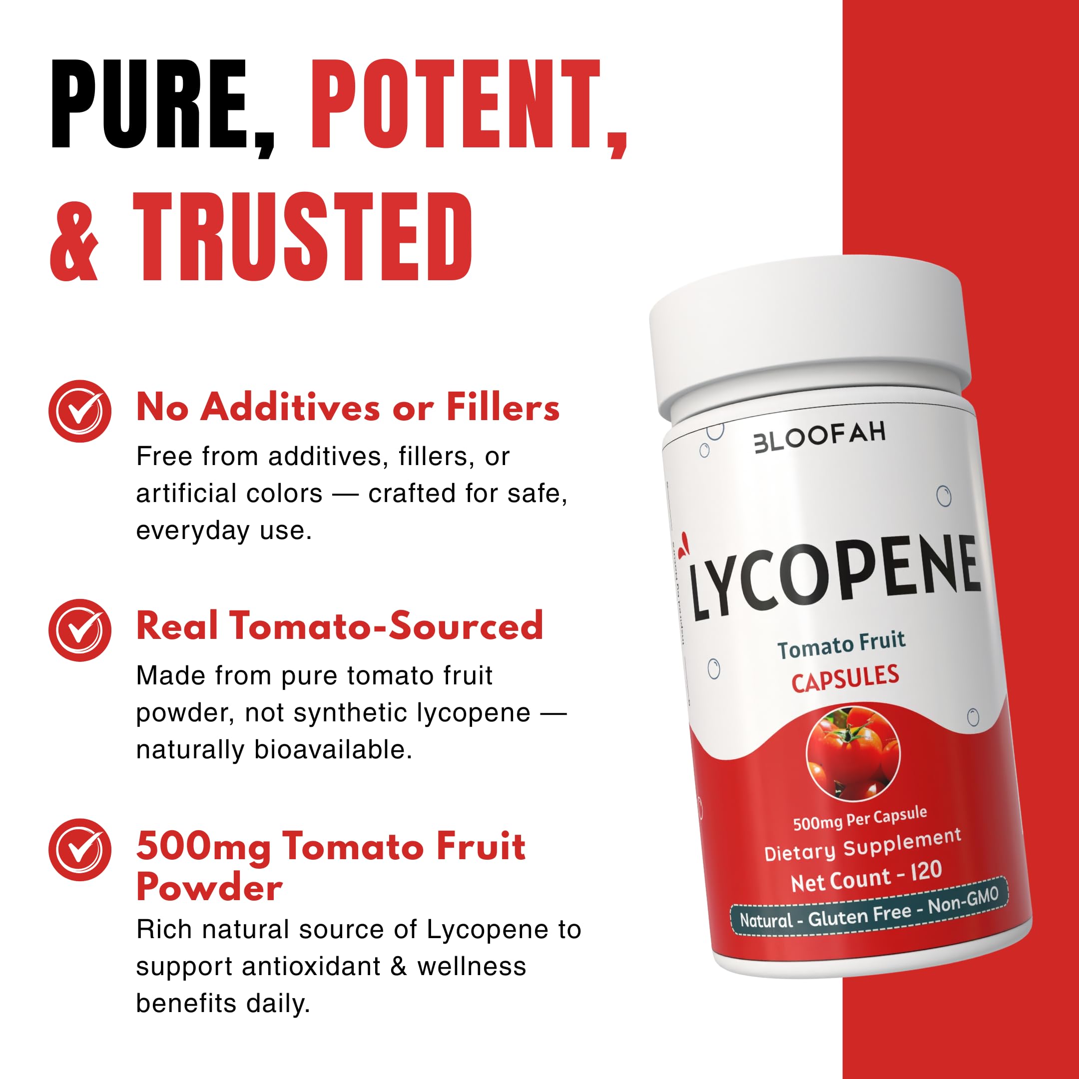Bloofah tomato fruit powder inside emphasizes whole-food lycopene source.